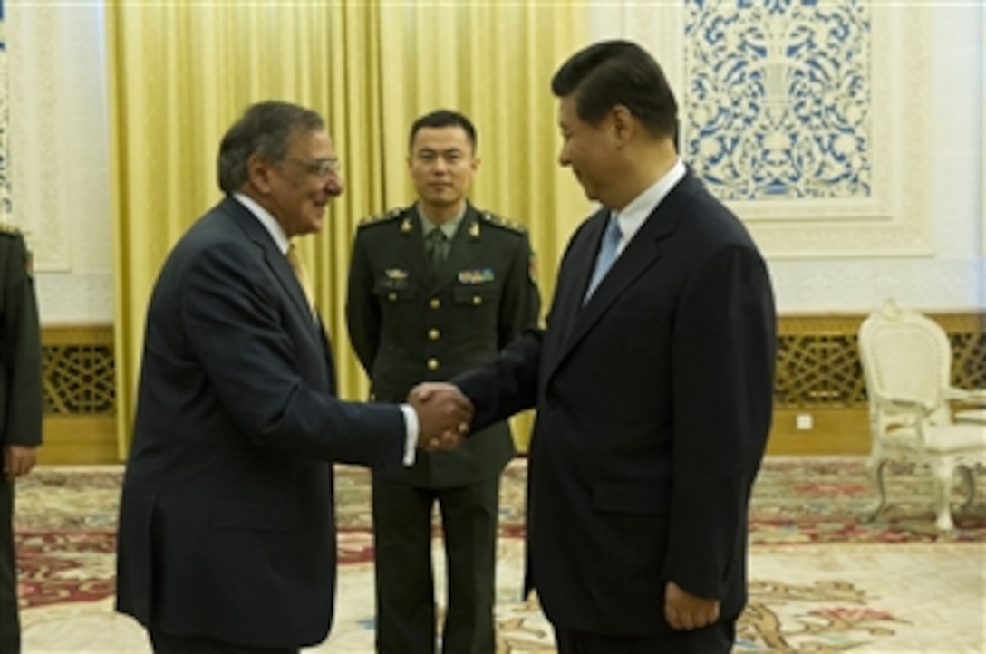 Secretary of Defense Leon E. Panetta shakes hands with Chinese Vice President Xi Jinping prior to their meeting in Beijing, China, on Sept. 19, 2012.  Panetta and Xi will discuss regional security issues of interest to both nations.  Panetta visited Tokyo, Japan, before continuing to Beijing and will travel to Auckland, New Zealand, on a weeklong trip to the Pacific.  