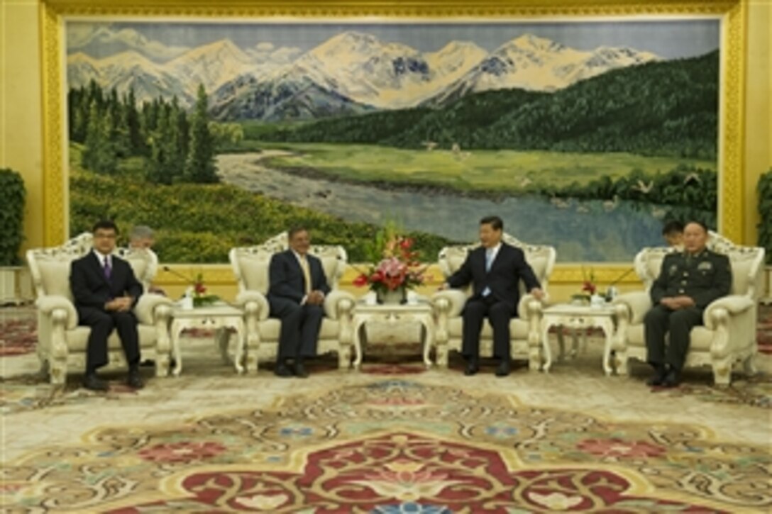 Secretary of Defense Leon E. Panetta meets with Chinese Vice President Xi Jinping in Beijing, China, on Sept. 19, 2012.  Panetta and Xi are meeting to discuss regional security issues of interest to both nations.  Panetta visited Tokyo, Japan, before continuing to Beijing and will travel to Auckland, New Zealand, on a weeklong trip to the Pacific.  