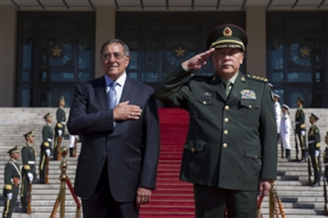 Secretary of Defense Leon E. Panetta and Chinese Minister of National Defense Gen. Liang Guanglie participate in an honors ceremony for Panetta in Beijing, China, on Sept. 18, 2012.  Panetta and Liang will meet to discuss regional security issues of interest to both nations.  Panetta visited Tokyo, Japan, before continuing to Beijing and will travel to Auckland, New Zealand, on a weeklong trip to the Pacific.  