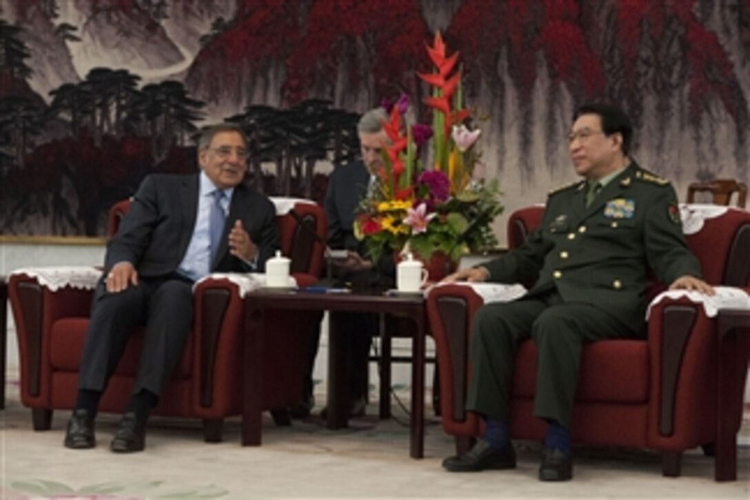 Secretary of Defense Leon E. Panetta meets with Vice Chairman of the Central Military Commission Gen. Xu Caihou in Beijing, China, on Sept. 18, 2012.  Panetta is meeting with his Chinese counterparts to discuss regional security issues of interest to both nations.  Panetta visited Tokyo, Japan, before continuing to Beijing and will travel to Auckland, New Zealand, on a weeklong trip to the Pacific.  