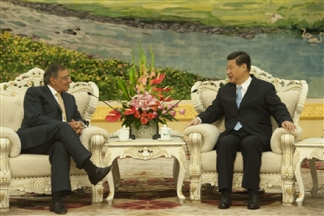 Secretary of Defense Leon E. Panetta meets with Chinese Vice President Xi Jinping in Beijing, China, on Sept. 19, 2012.  Panetta and Xi are meeting to discuss regional security issues of interest to both nations.  Panetta visited Tokyo, Japan, before continuing to Beijing and will travel to Auckland, New Zealand, on a weeklong trip to the Pacific.  