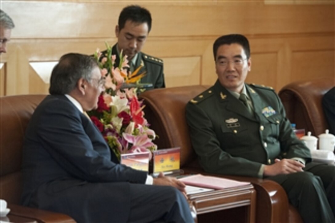 Secretary of Defense Leon E. Panetta meets with Commander of the People's Liberation Army Armored Forces Academy Maj. Gen. Zu Hang in Beijing, China, on Sept. 19, 2012.  Panetta also met with Chinese Vice President Xi Jinping and his defense counterparts to discuss regional security issues of interest to both nations.  Panetta visited Tokyo, Japan, before continuing to Beijing and will travel to Auckland, New Zealand, on a weeklong trip to the Pacific.  