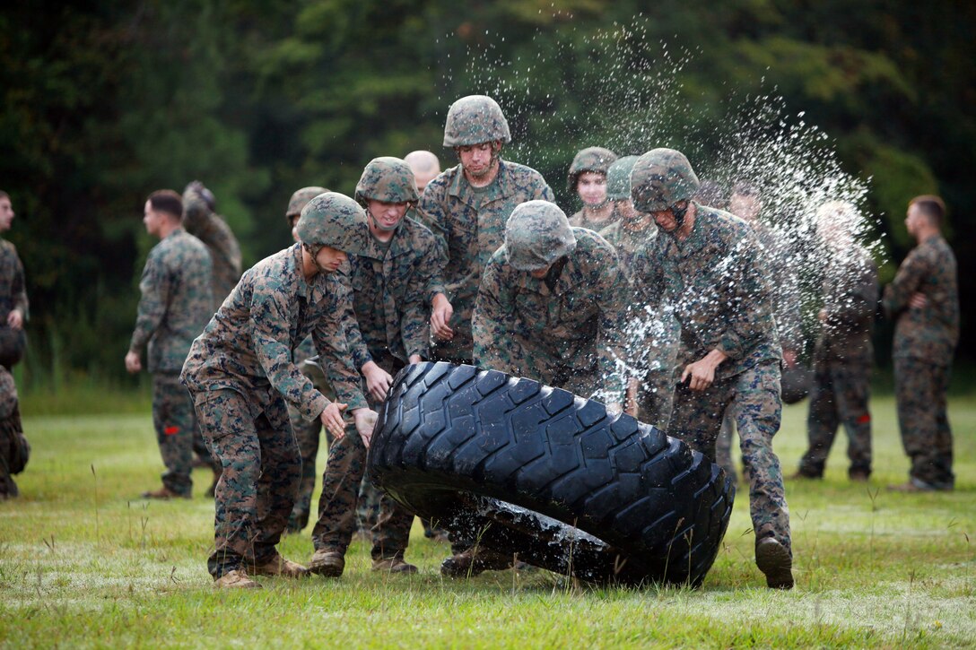 Servicemembers with Landing Support Company, Combat Logistics Regiment 27, 2nd Marine Logistics Group flip a tire during the endurance course at Battle Skills Training School aboard Camp Lejeune, N.C., Sept. 14, 2012. The participants were forced to use teamwork to get the tire from one location to another before moving on to the next obstacle. 