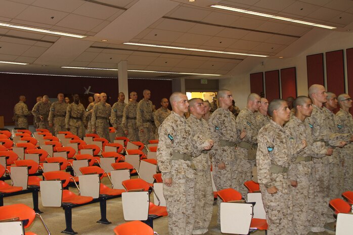 Recruits of Company L, 3rd Recruit Training Battalion, file into the classroom aboard Marine Corps Recruit Depot San Diego Sept 12. Recruits receive near daily classes aboard the depot in prepartion for a practical examination on training day 55.