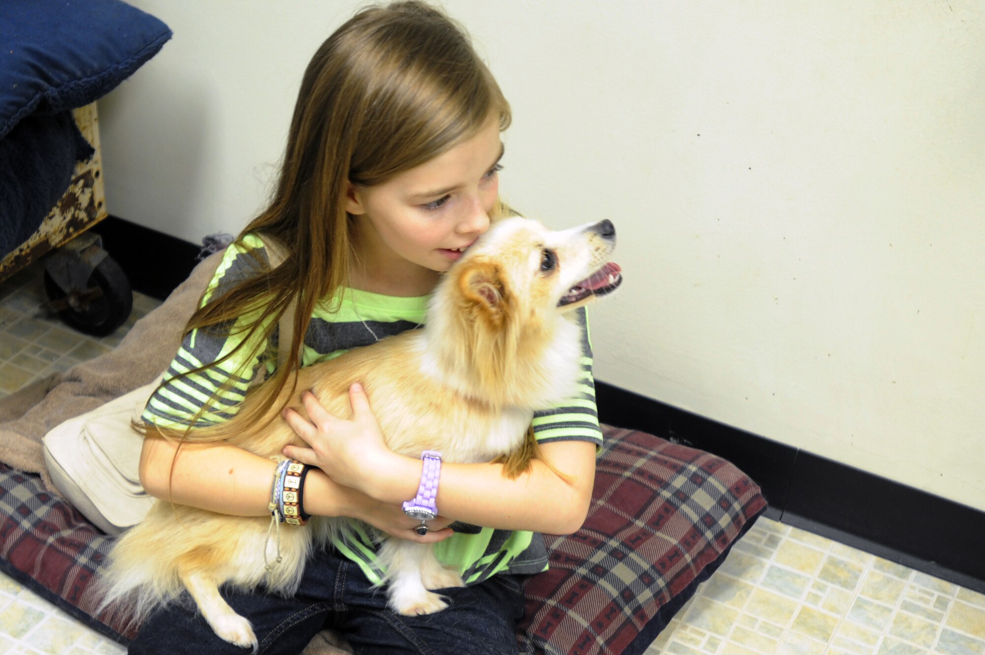 Cathrine McBride, an 11-year-old volunteer, plays with Raine, a Homeward Bound resident, Sept. 19, 2012, at Osan Air Base, Republic of Korea. Volunteers of all ages are welcome; however, anyone under the age of 18 must be accompanied by a parent. (U.S. Air Force photo/Airman 1st Class Alexis Siekert)