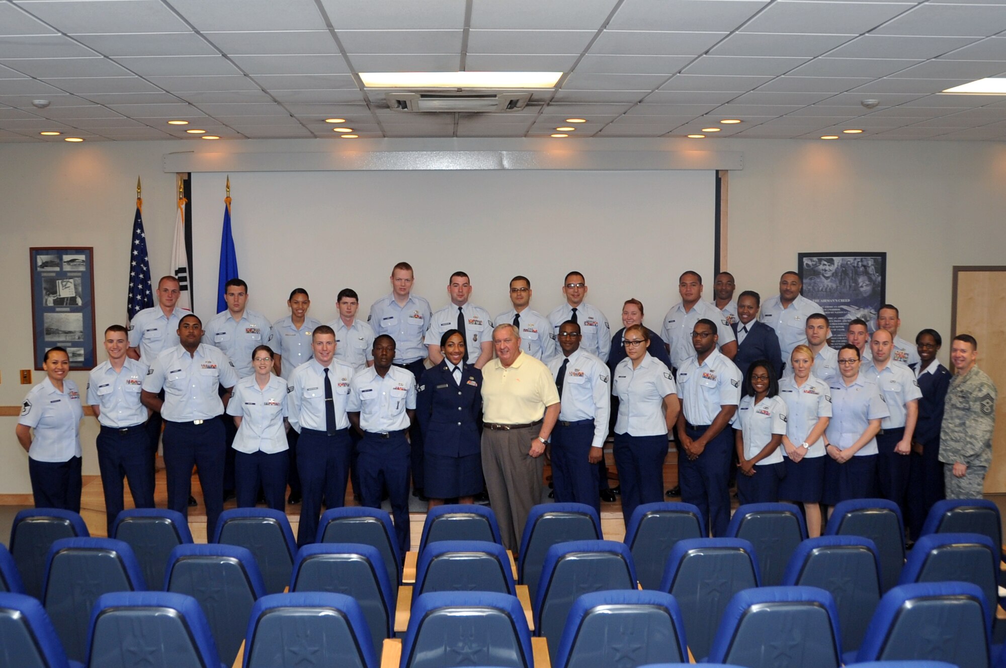 Airmen attending an NCO boot camp at Osan Air Base, Republic of Korea, pose for a group photo with the ninth Chief Master Sgt. of the Air Force James C. Binnicker, Sept. 20, 2012. The chief spoke with the group about being resilient in today’s Air Force. The NCO boot camp is a one-day course to prepare Senior Airmen for the transition to the NCO tier. (U.S. Air Force photo/Staff Sgt. Craig Cisek)