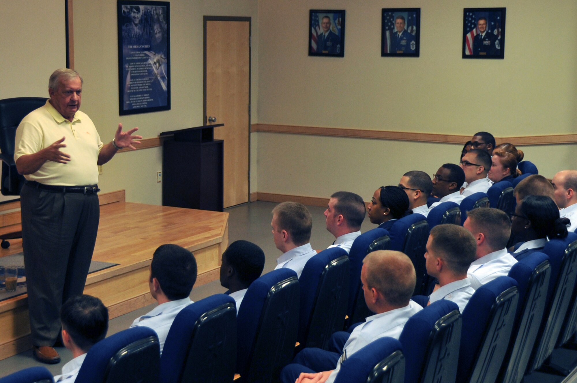 The ninth Chief Master Sgt. of the Air Force James C. Binnicker speaks to Airmen during an NCO boot camp at Osan Air Base, Republic of Korea, Sept. 20, 2012. Binnicker spoke with Airmen Sept. 19-21 about being resilient in today’s Air Force. (U.S. Air Force photo/Staff Sgt. Craig Cisek)