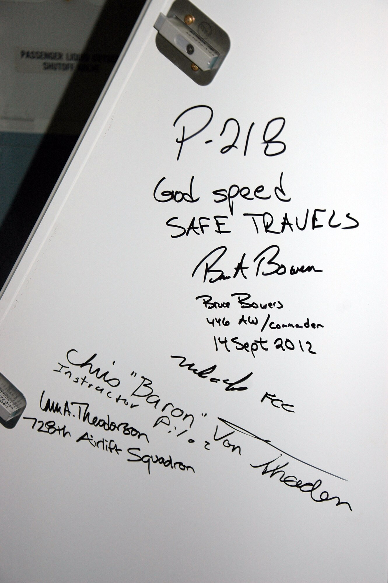 As is tradition, Airmen from the first aircrew to fly a new aircraft leave their signatures on an inside panel in the cargo area.  The 446th Airlift Wing is an Air Force Reserve wing at McChord Field, Wash., sharing global airlift missions with the 62nd AW, the aircraft-owning unit. With three C-17 flying squadrons, the 2,300-strong wing provides aircrews and support on a daily basis to execute the Air Force's global airlift mission. (U.S. Air Force photo by Sandra Pishner)