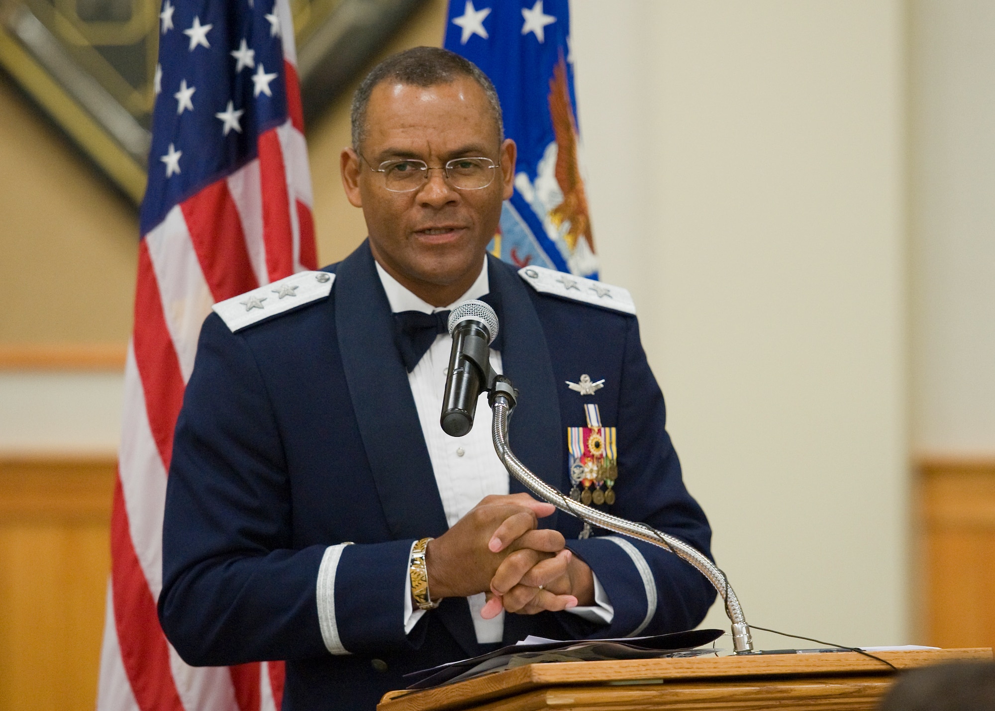 Maj. Gen. Everett Thomas, Air Force Global Strike Command vice commander, speaks to members of the 341st Missile Wing during the Air Force Ball.  During the event, Thomas as well as Col. H.B. Brual, 341st Missile Wing commander, spoke to those in attendance on the positive changes in the nuclear enterprise as well as in the Air Force.   (U.S. Air Force photo/Beau Wade)