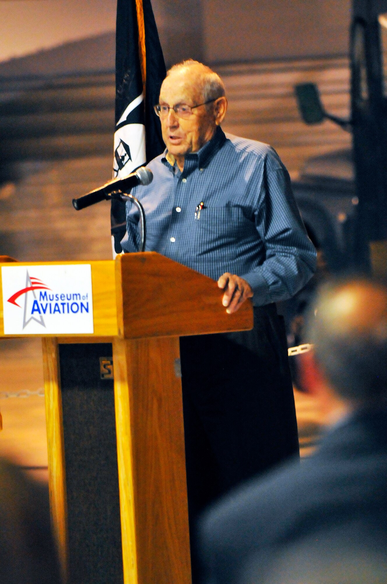 J.D. Lankford, author of “Walk With Me” and former World War II POW and Korean War veteran, was guest speaker at the Robins POW/MIA recognition ceremony Thursday in the Museum of Aviation Century of Flight Hangar. (U. S. Air Force photo/Sue Sapp)