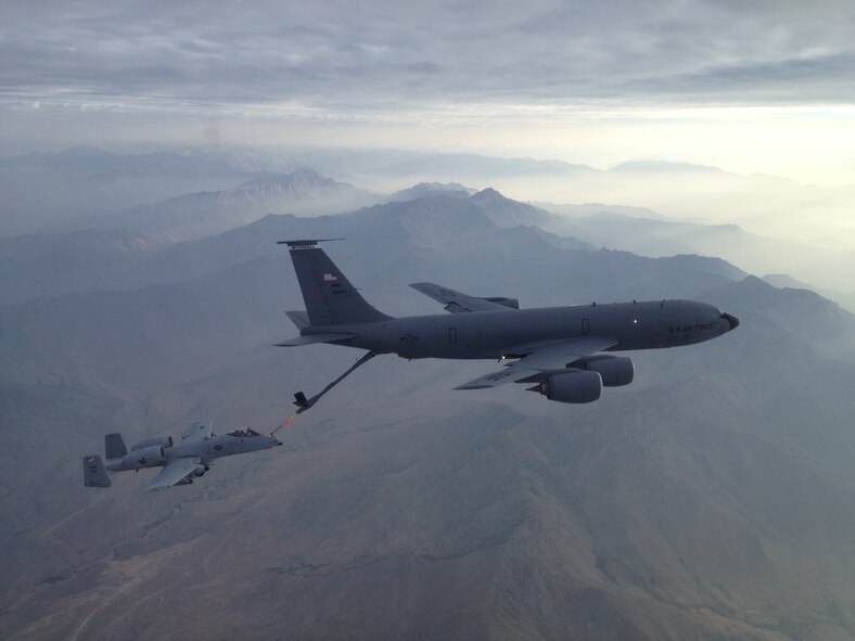 Capt. B.J. Ginger refuels his A-10C Thunderbolt II “Warthog" via a KC-135 Stratotanker over the skies of Afghanistan Aug. 9. Ginger is a pilot with the 188th Fighter Wing, which currently has approximately 375 Airmen deployed to Bagram Airfield, Afghanistan in support of Operation Enduring Freedom. (Courtesy photo/released)

