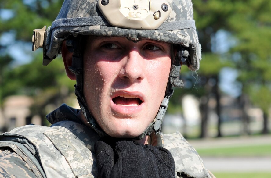 U.S. Air Force Airman Andrew Galvin, 822nd Base Defense Squadron fireteam member, sweats after completing a self-aid and buddy care course with principles of tactical combat casualty care at Moody Air Force Base, Ga., Sept. 5, 2012. The course is held three times a month and is available to all Moody Airmen. If interested in attending the course, contact the 820th Medical Division at 229-257-8214. (U.S. Air Force photo by Senior Airman Douglas Ellis/Released)
