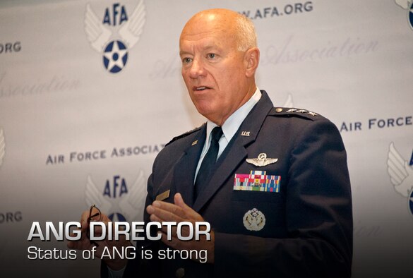 Lt. Gen. Harry M. Wyatt III, the director of the Air National Guard, addresses mission readiness and other challenges facing the ANG in future years during the Air Force Association Air and Space Conference and Technical Exposition , Washington, Sept. 18, 2012. The AFA Air and Space Conference attract the top military leaders and dignitaries worldwide bringing experts, academia, and aerospace specialists from around the word
to discuss the issues facing the U.S. Air Force and aerospace community. (National Guard photo by Master Sgt. Marvin Preston)