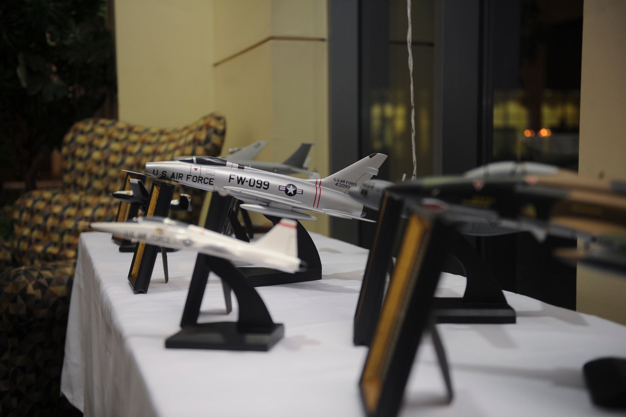 A variety of aircraft and other decorations were on display during the Air Force Ball in Valdosta, Ga., Sept. 14, 2012. This year, the Air Force Ball celebrated 65 years of Air Force history. (U.S. Air Force photo by Airman 1st Class Olivia Dominique/Released)