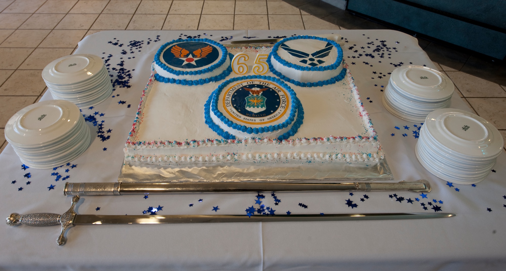 A cake commemorating the U.S. Air Forces' 65th birthday sits on display at the Riptide Dining Facility at Hurlburt Field, Fla., Sept. 18, 2012.The cake was designed specifically to symbolize the Air Force. (U.S. Air Force Photo/ Airman First Class Nigel Sandridge)
