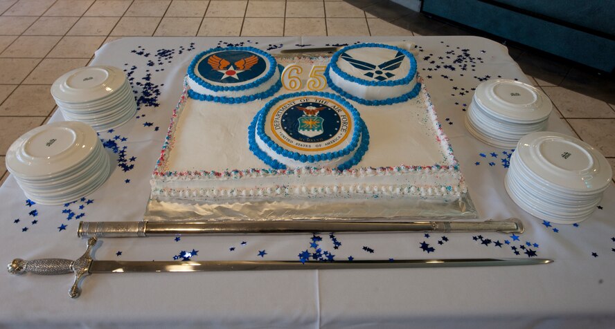 A cake commemorating the U.S. Air Forces' 65th birthday sits on display at the Riptide Dining Facility at Hurlburt Field, Fla., Sept. 18, 2012.The cake was designed specifically to symbolize the Air Force. (U.S. Air Force Photo/ Airman First Class Nigel Sandridge)