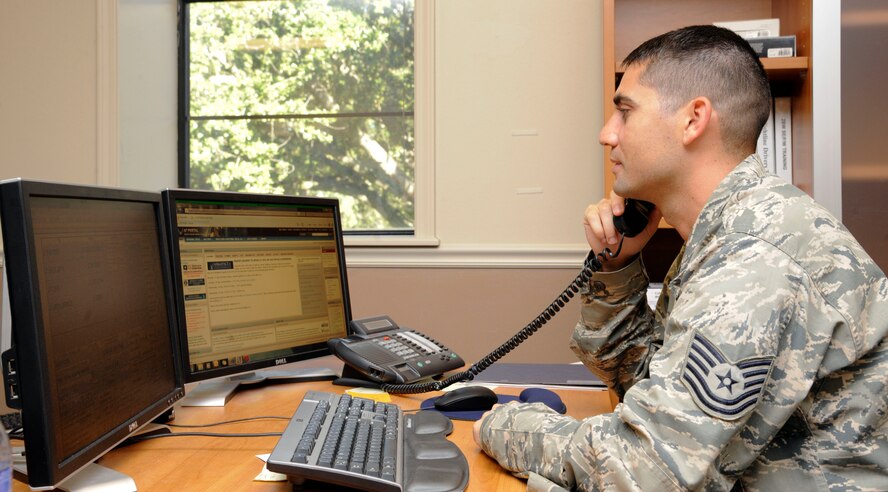 Tech. Sergeant Jeremy Gavidia, 2 BW Safety Office NCO in charge of ground safety, obtains information via phone to file a mishap report on Barksdale Air Force Base, La., Sept. 19. The Safety Office gives advice and information for commanders to use to ensure safe procedures are followed to reduce the amount of accidents throughout the base. (U.S. Air Force photo/Airman 1st Class Andrew Moua)(RELEASED)