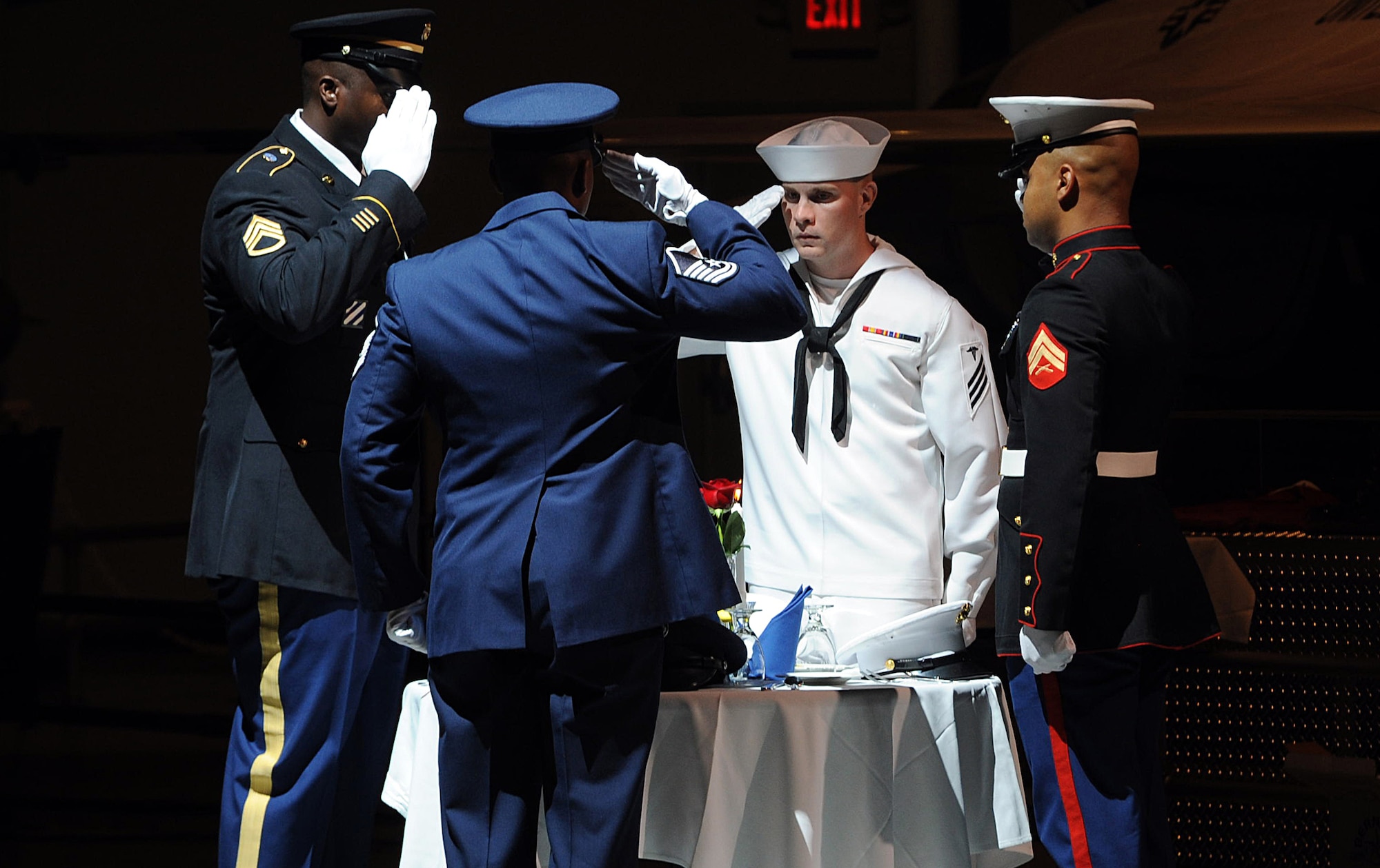 During the opening of the 65th Birthday of the United States Air Force and 71st Anniversary of Robins Air Force Base celebration Saturday at the Museum of Aviation, a joint service detail performs a special ceremony to honor those American service members who have yet to return from the field of battle. The detail consisted of members from each of the nation’s four military services. (U.S. Air Force photo/ Tommie Horton)