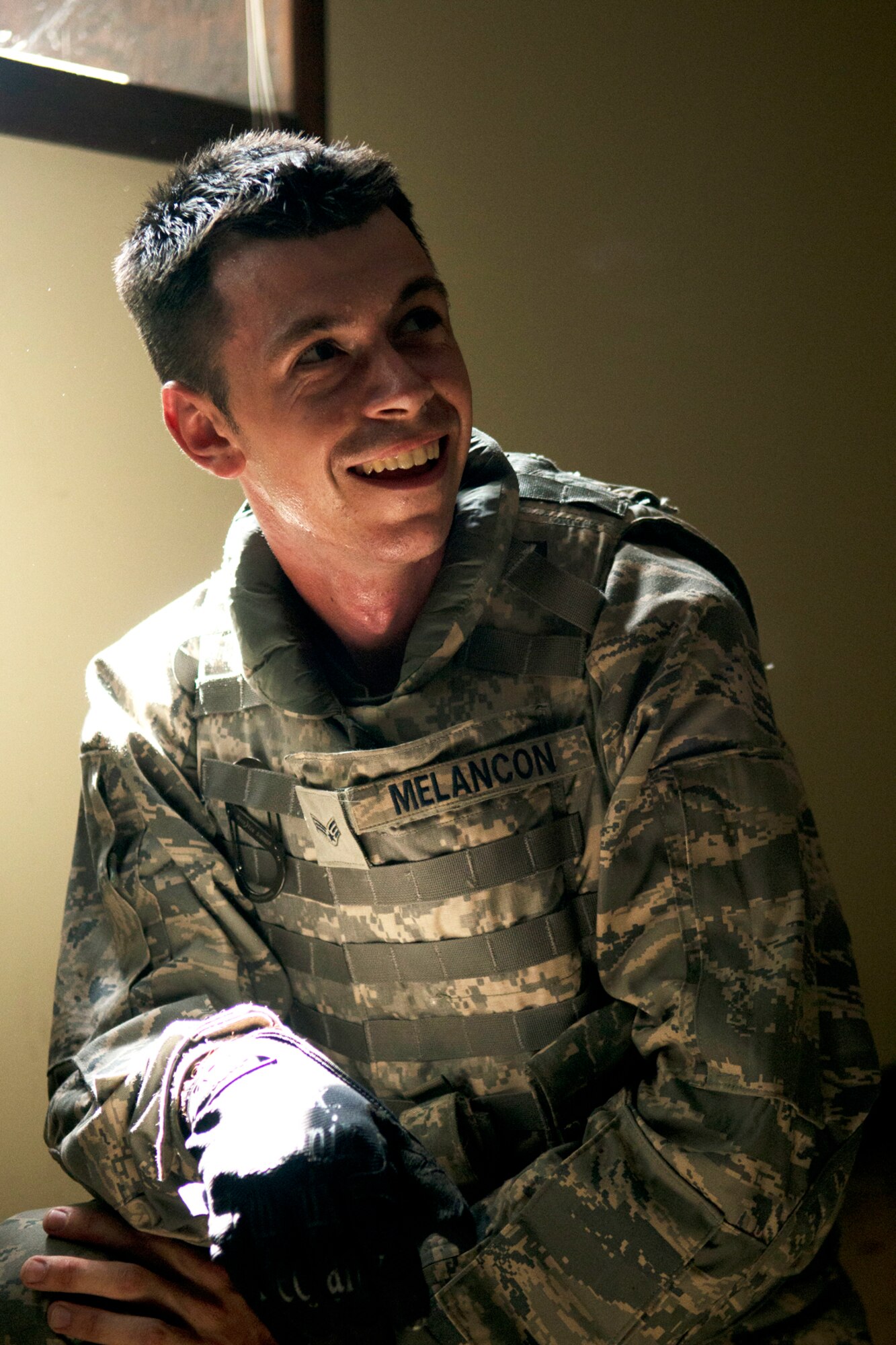 U.S. Air Force Senior Airman Cling Melancon, 307th Security Forces Squadron, takes a break during practice for the Global Strike Challenge, Sept. 7, 2012, Barksdale Air Force Base, La. The GSC is the world's premiere bomber, intercontinental ballistic missile and security forces competition with units participating from Air Force Global Strike Command, Air Combat Command, Air Force Material Command, Air Force Reserve Command and the Air National Guard. (U.S. Air Force photo by Master Sgt. Greg Steele/Released)