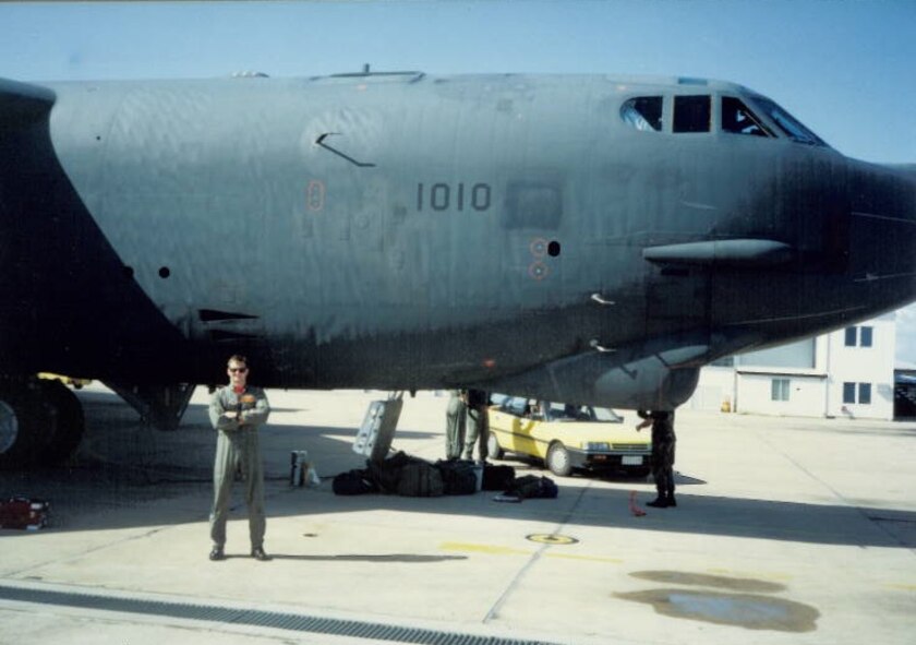 RAAF TOWNSVILLE, Australia -- Col. Todd M. Copeland, 5th Operations Group commander, poses on the ramp at RAAF Townsville, Australia prior to launching back to Guam-- dated Oct. 1992 (Operation Dugong Minex). (Courtesy photo)