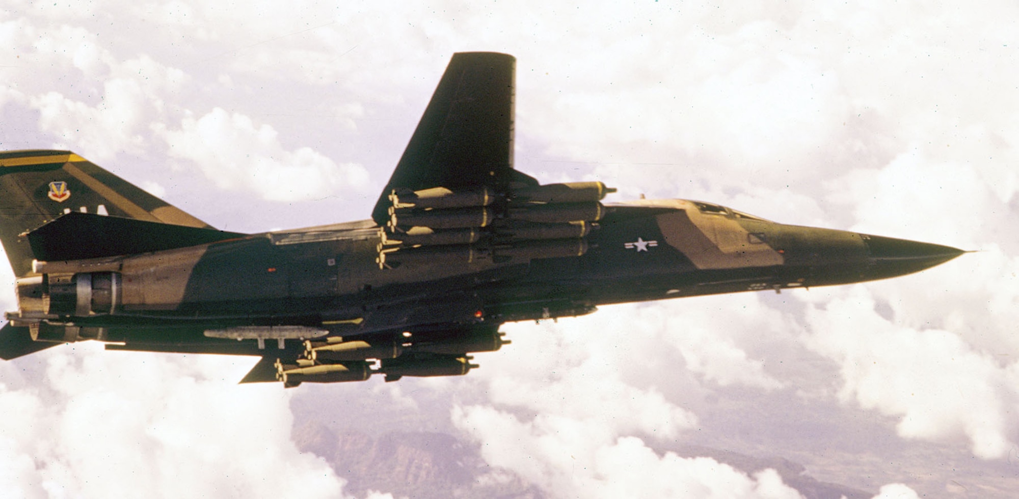 F-111A with a full load of 16 800-pound cluster bombs. (U.S. Air Force photo)