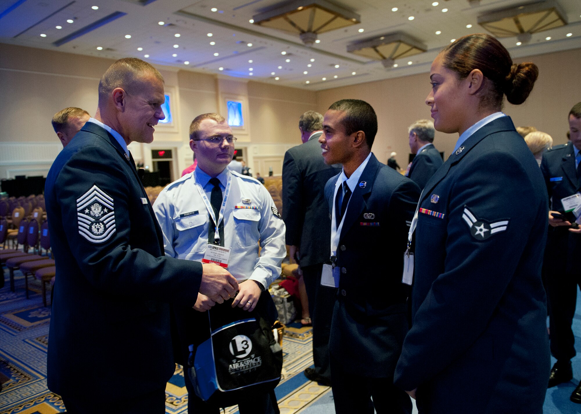 Chief Master Sgt. of the Air Force James A. Roy, left, speaks to Airmen during the enlisted call of the Air Force Association's Air and Space Conference and Technology Exposition in Washington, Sept. 19, 2012. (U.S. Air Force photo/Val Gempis)