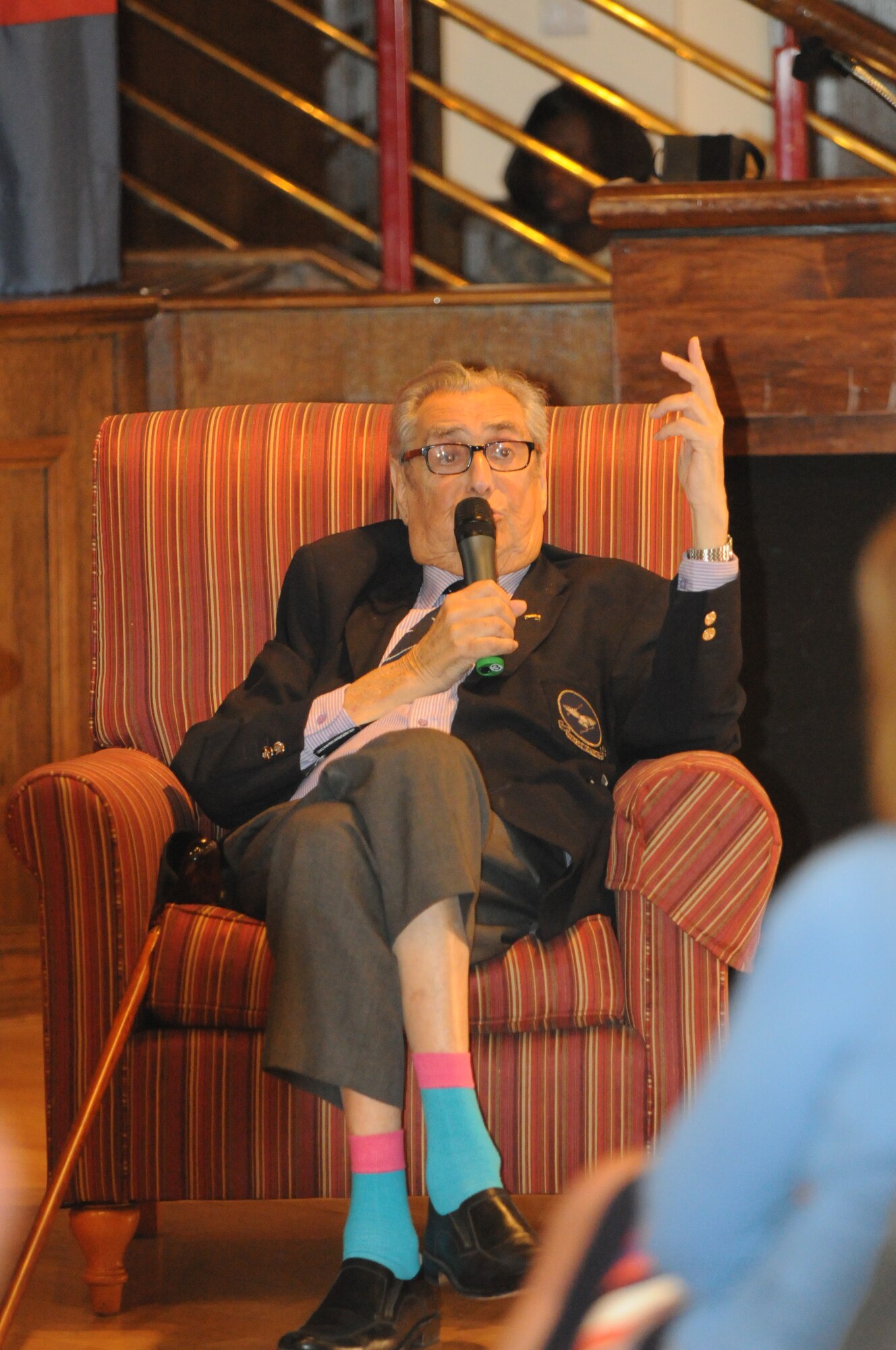 RAF Mildenhall, England - Andy Wiseman, a former prisoner of war during World War II, speaks during a prisoner-of-war/missing-in-action interactive presentation at RAF Mildenhall, England, Sept. 19, 2012. Wiseman and retired RAF Air Cdre Charles Clarke, both former prisoners of the German prison camp Stalag Luft III, visited Mildenhall to share their stories during POW/MIA remembrance week. (U.S. Air Force photo/Tech. Sgt. Neal X. Joiner)