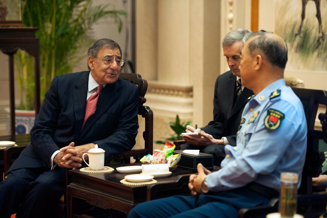 U.S. Defense Secretary Leon E. Panetta has a departure meeting with Chinese Air Force Gen. Ma Xiaotian, the Chinese army's deputy chief of general staff, in Beijing, Sept. 20, 2012. Panetta visited with defense counterparts in Beijing before traveling to Auckland, New Zealand, during a weeklong trip to the Asia-Pacific region.