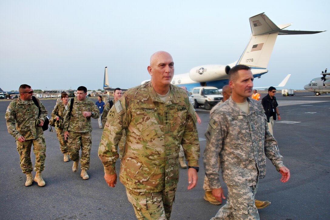 U.S. Army Maj. Gen. Ralph Baker, left, escorts U.S. Army Chief of Staff Gen. Ray Odierno upon his arrival on Camp Lemonnier, Djibouti, Sept. 20, 2012. Baker is the commanding general of Combined Joint Task Force Horn of Africa.
