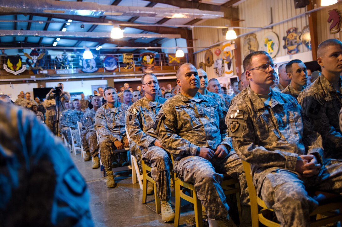 U.S. Army soldiers stationed on Camp Lemonnier, Djibouti, listen to U.S. Army Chief of Staff Gen. Ray Odierno during his visit, Sept. 20, 2012. Odierno spoke about the future of the Army and the importance of their mission in the Horn of Africa.
