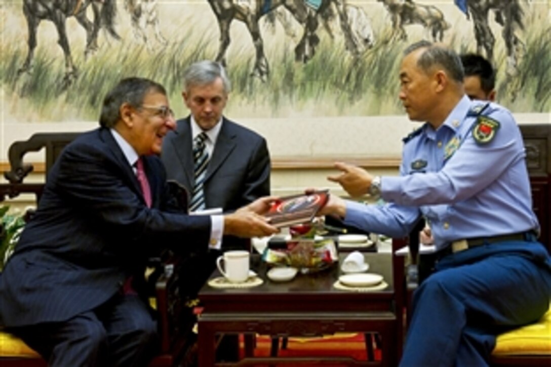 U.S. Defense Secretary Leon E. Panetta has a departure meeting with Chinese Gen. Ma Xiaotian, the Chinese army's deputy chief of staff, in Beijing, Sept. 20, 2012. Panetta visited with defense counterparts in Beijing before traveling to Auckland, New Zealand, during a weeklong trip to the Asia-Pacific region.