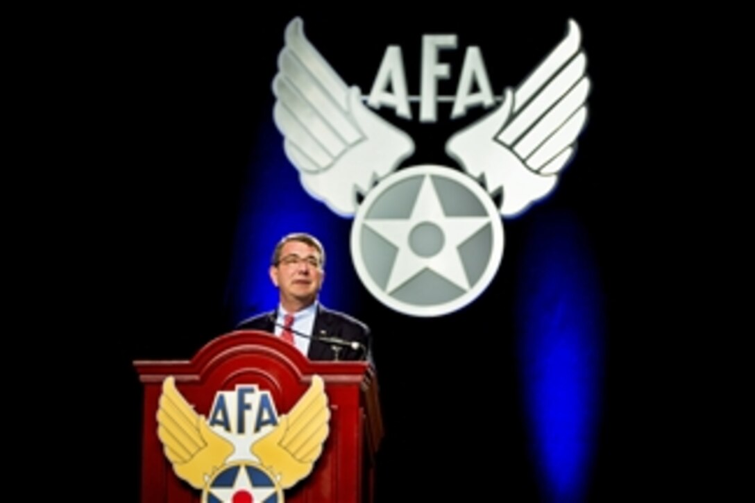 Deputy Secretary of Defense Ashton B. Carter delivers his remarks at the Air Force Association Air & Space Conference at the Gaylord National Resort & Convention Center at National Harbor, Md., on Sept. 19, 2012.  