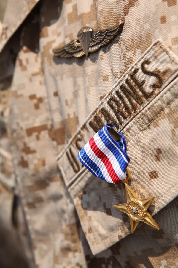 Staff Sgt. Alec Haralovich displays his Silver Star Medal, the nation’s third highest award for combat valor. After Haralovich was shot twice in his body armor by an insurgent, he destroyed an enemy stronghold with a rocket and led his Marines on a two-hour assault after their ambushers during an Afghanistan deployment in 2011. Haralovich is a reconnaissance Marine assigned to E Company, 4th Reconnaissance Bn., 4th Marine Division.