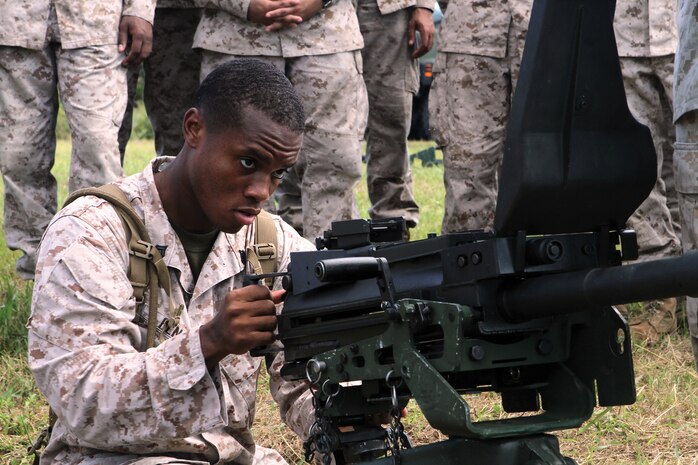 Sgt. Harry J. Benoit grips the MK19 40 mm grenade launcher during training at range 9 at Camp Hansen Sept. 12. During the training, Marines learned about the capabilities and purpose of the weapon system, weapon conditions, immediate action drills for malfunctions, and how to properly load, unload and clear the weapon system. Benoit is a packaging specialist with 3rd Supply Battalion, Combat Logistics Regiment 35, 3rd Marine Logistics Group, III Marine Expeditionary Force. 
