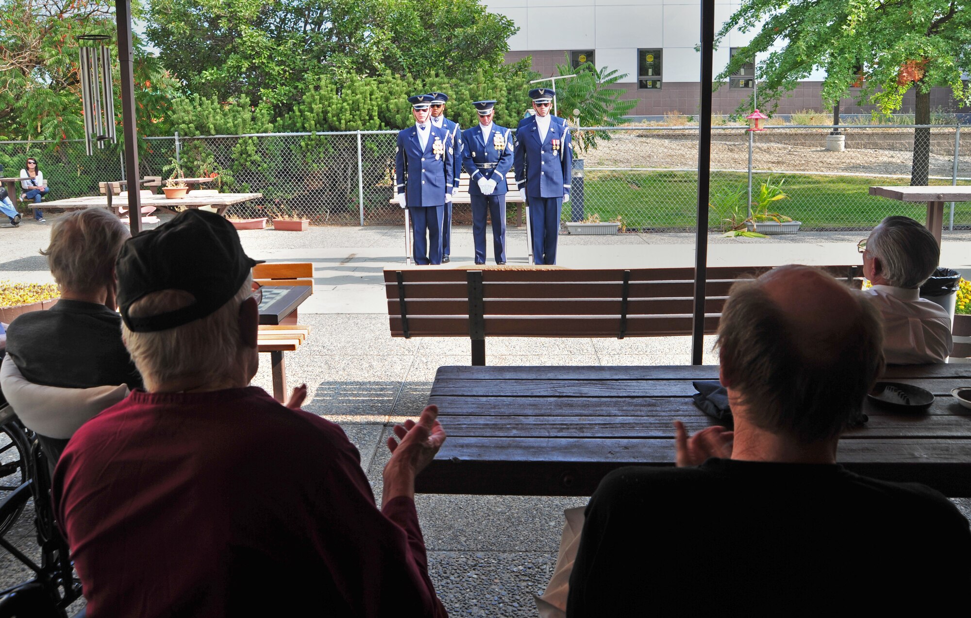 U.S. Air Force Honor Guard drill team members begin a 4-man rifle performance at the Veteran Affairs Hospital in Spokane, Wash., Sept. 21, 2012. The vision of the USAF Honor Guard is to ensure a legacy of Airmen who, promote the mission, protect the standards, perfect the image and preserve the heritage. (U.S. Air Force photo by Airman 1st Class Taylor Curry)