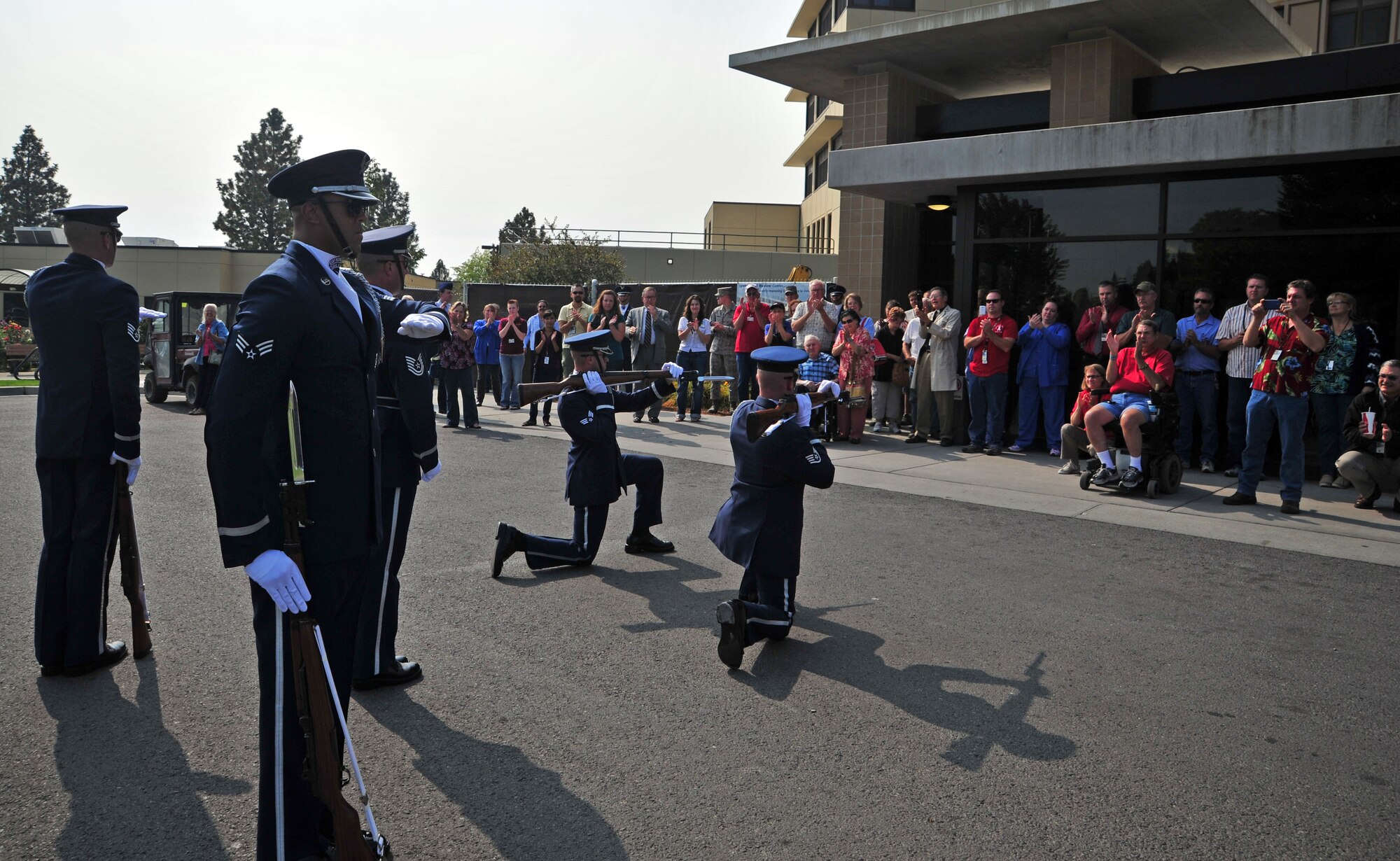 U.S. Air Force Honor Guard drill team members finish a performance for the Veteran Affairs Hospital in Spokane, Wash., Sept. 21, 2012. The vision of the USAF Honor Guard is to ensure a legacy of Airmen who, promote the mission, protect the standards, perfect the image and preserve the heritage. (U.S. Air Force photo by Airman 1st Class Taylor Curry)