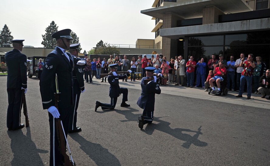 U.S. Air Force Honor Guard drill team members finish a performance for the Veteran Affairs Hospital in Spokane, Wash., Sept. 21, 2012. The vision of the USAF Honor Guard is to ensure a legacy of Airmen who, promote the mission, protect the standards, perfect the image and preserve the heritage. (U.S. Air Force photo/Airman 1st Class Taylor Curry) 

