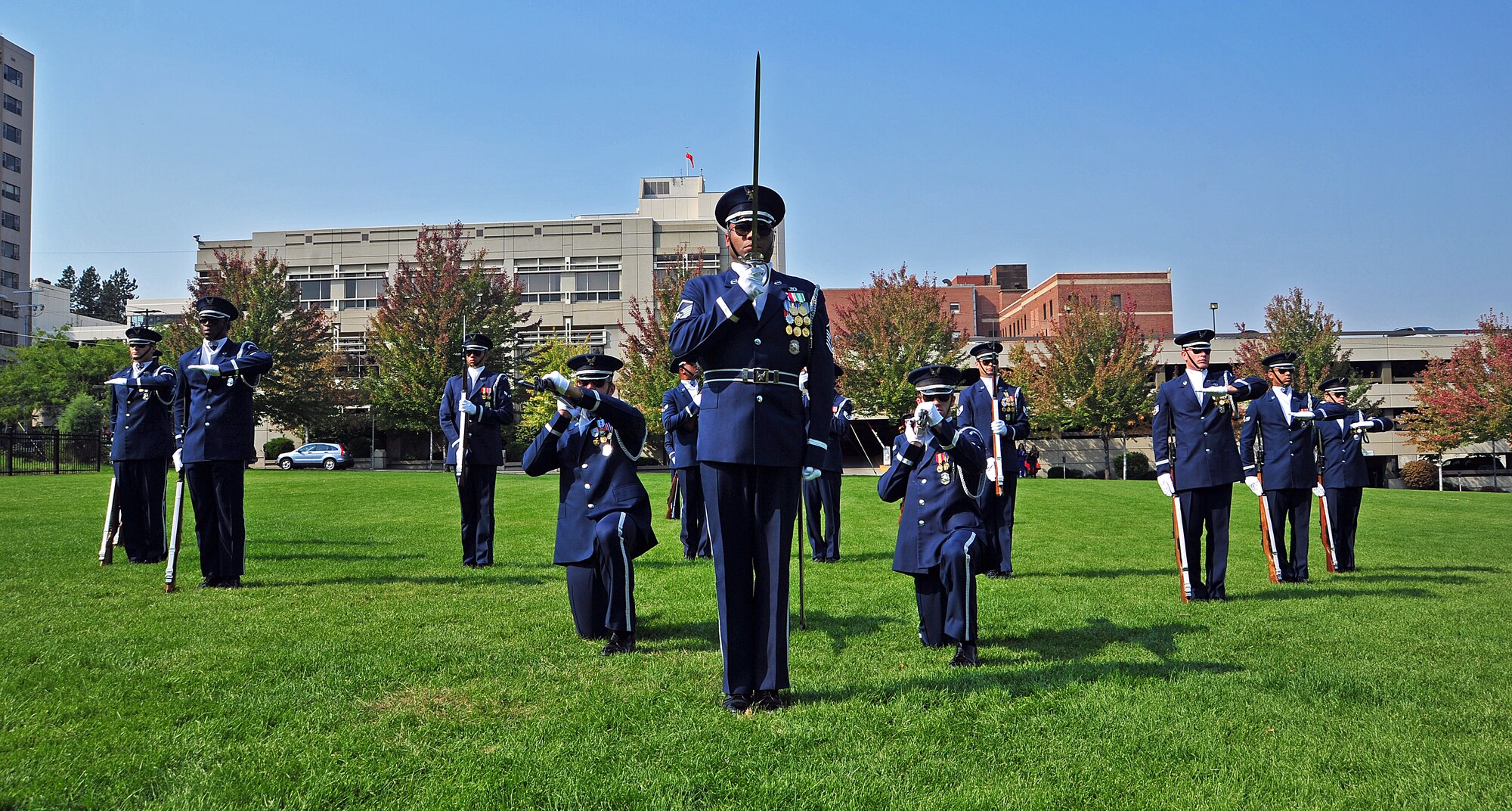 The U.S. Air Force Honor Guard drill team finishes up a performance at the Lewis and Clark High School, Spokane, Wash., Sept. 19, 2012. The vision of the USAF Honor Guard is to ensure a legacy of Airmen who, promote the mission, protect the standards, perfect the image and preserve the heritage. (U.S. Air Force photo by Airman 1st Class Taylor Curry)