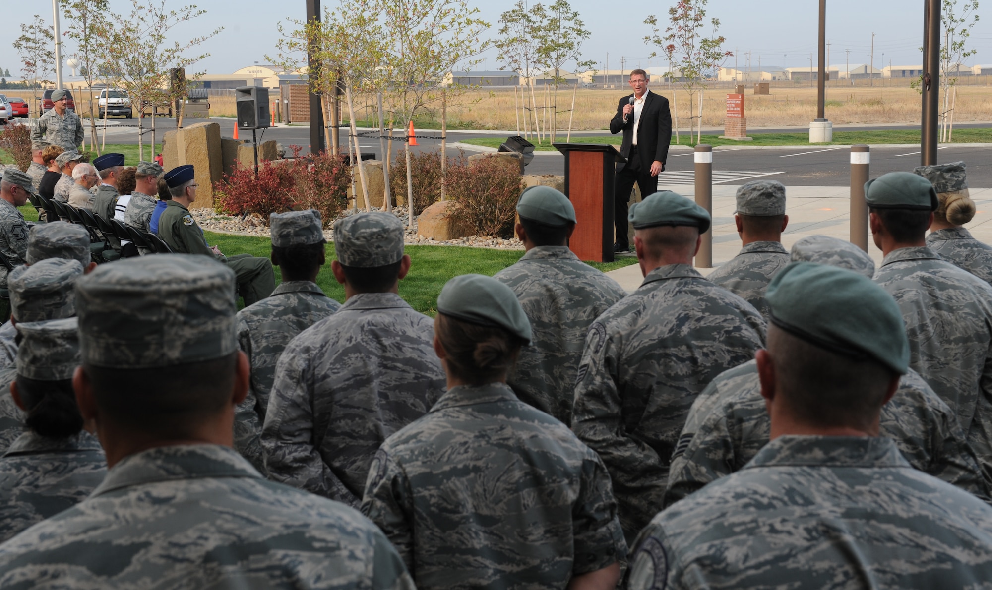 U.S. Air Force Lt. Col. (Retired) Dale Storr speaks to members of Team Fairchild during a Retreat Ceremony honoring prisoners of war and those missing in action at Fairchild Air Force Base, Wash. Sept. 21, 2012. Storr was tortured and held captive for 33 days by Iraqi forces after being shot down over Kuwait during Operation Desert Storm in 1991. (U.S. Air Force photo by Staff Sgt. Michael Means)