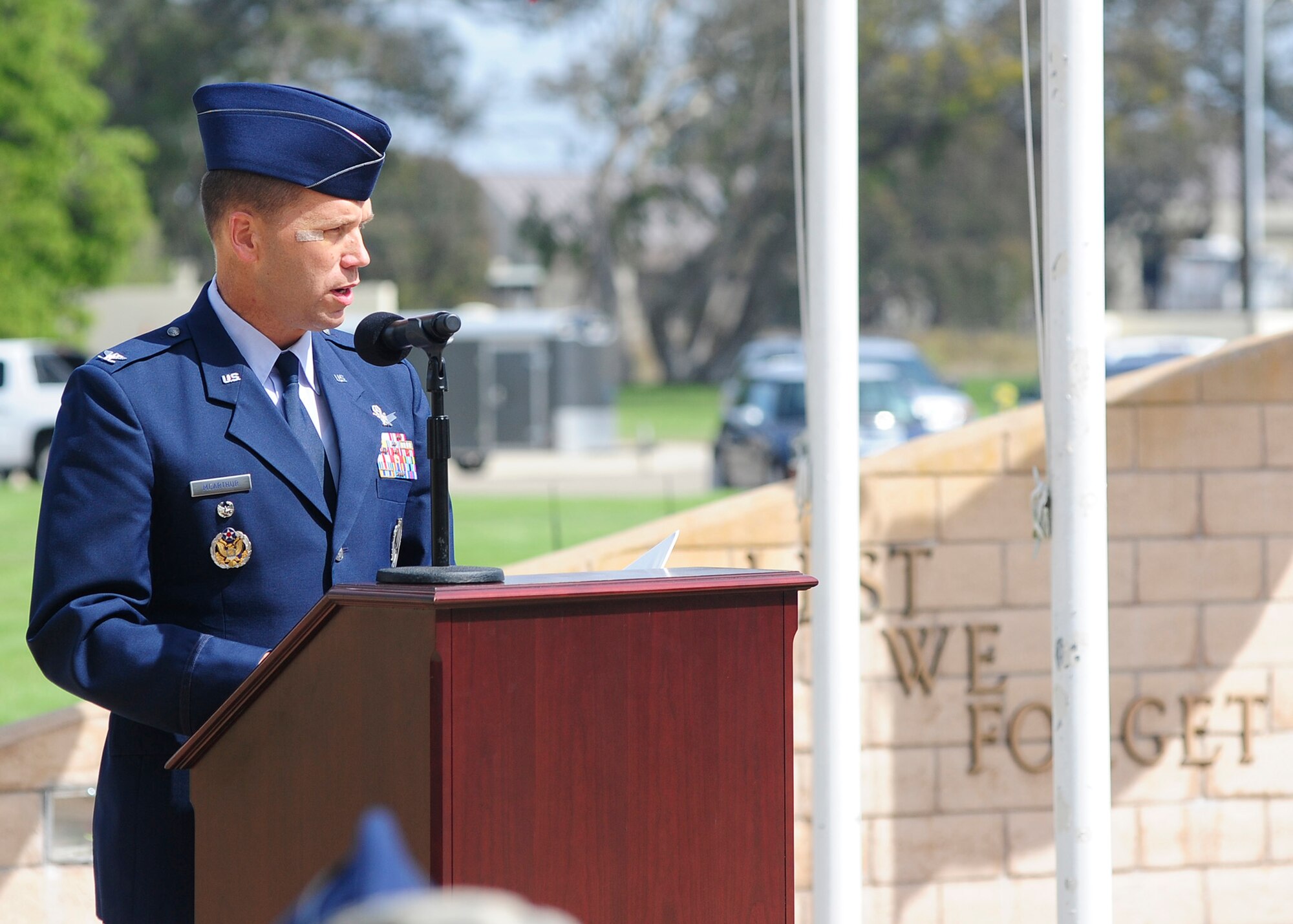 VANDENBERG AIR FORCE BASE, Calif. -- Col. Brent McArthur, 30th Space Wing vice commander, speaks to Vandenberg members and local veterans during the POW/MIA Recognition Day Ceremony held here Friday, Sept. 21, 2012. This annual ceremony held at Vandenberg's POW/MIA monument is dedicated to honoring our American prisoners of war and missing in action. (U.S. Air Force photo/Michael Peterson)