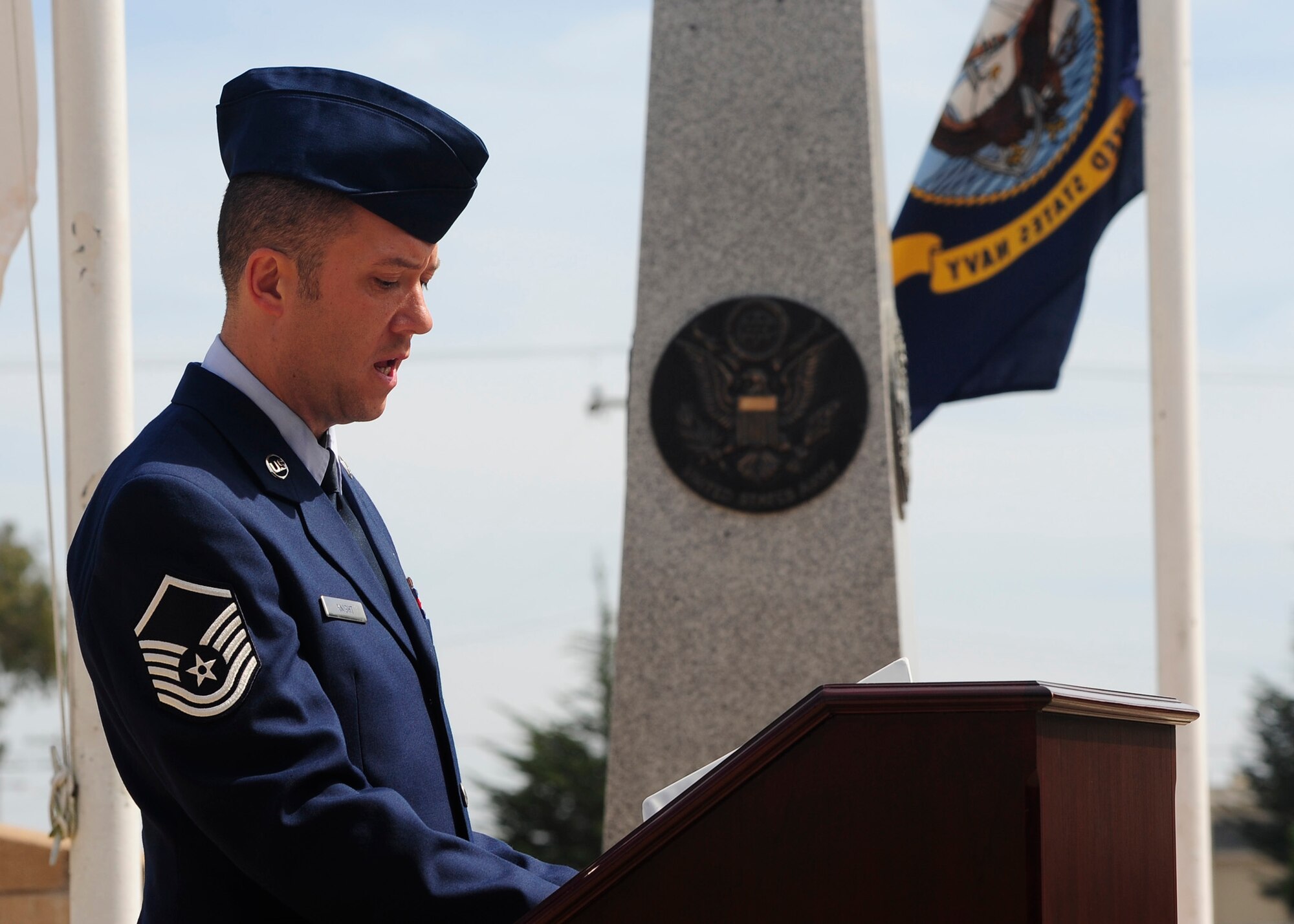 VANDENBERG AIR FORCE BASE, Calif. -- Master Sgt. Larry Knight, 30th Medical Squadron NCOIC of Public Health, reads the names of more than 80,000 POW/MIA servicemembers during a ceremony held here Friday, Sept. 21, 2012. This annual ceremony held at Vandenberg's POW/MIA monument is dedicated to honoring our American prisoners of war and missing in action. (U.S. Air Force photo/Michael Peterson)