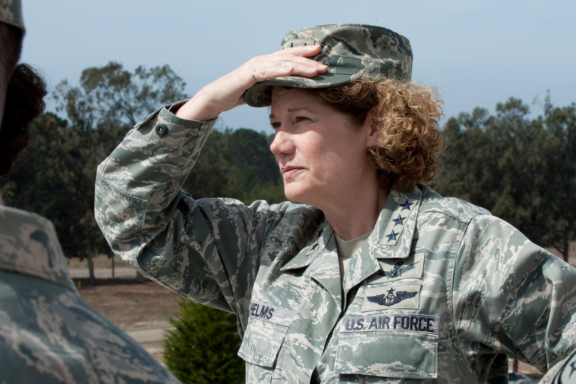 VANDENBERG AIR FORCE BASE, Calif. -- Lt. Gen. Susan Helms, commander of U.S. Strategic Command's Joint Functional Component Command for Space and 14th Air Force (Air Forces Strategic), watches as the space shuttle Endeavour flies over Vandenberg here Friday, Sept. 21, 2012. Helms traveled to space in the Endeavour when she was an astronaut. (U.S. Air Force photo/Staff Sgt. Levi Riendeau)