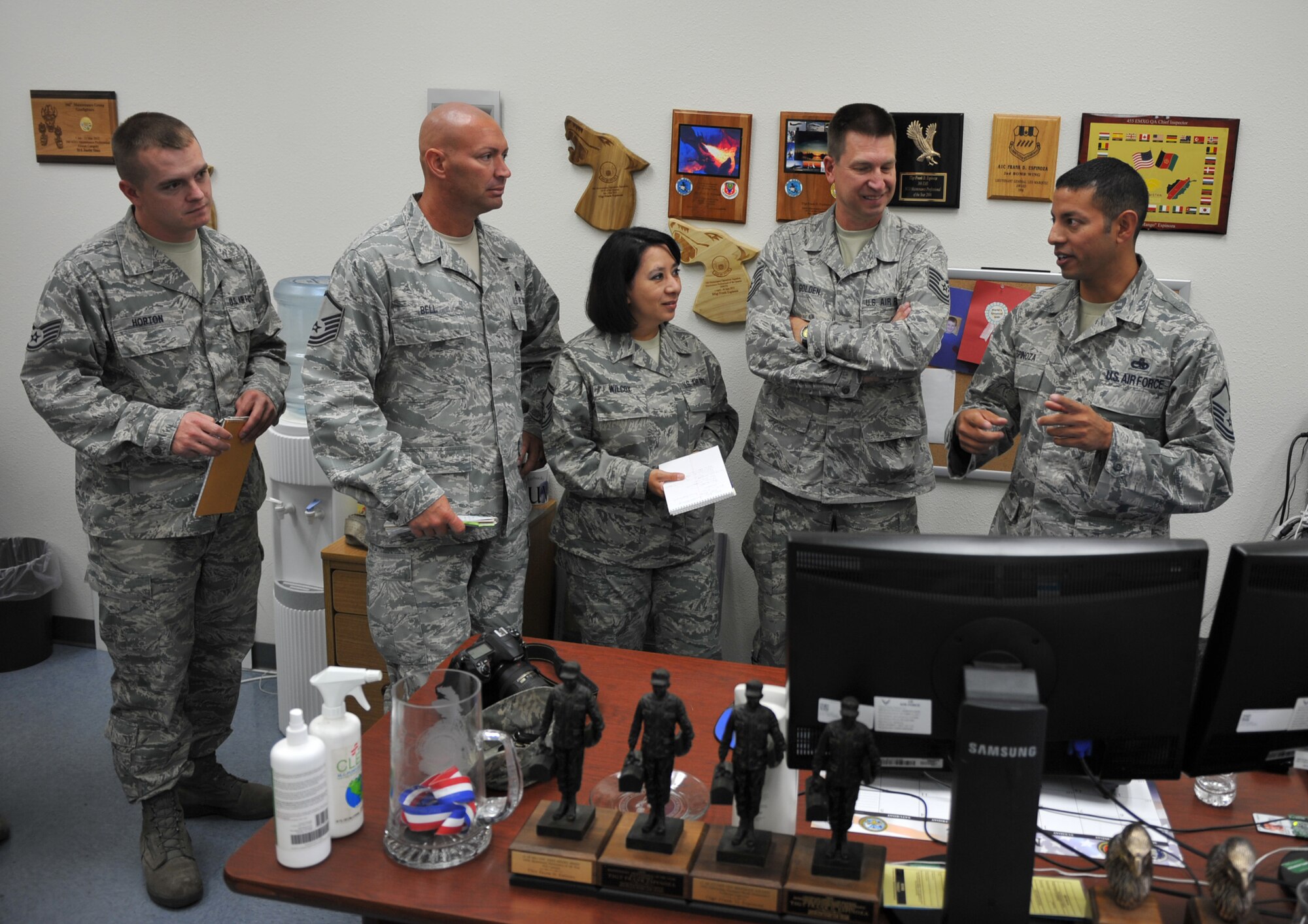 U.S. Air Force Master Sgt. Frank Espinoza, 366th Air Force Repair Enhancement Program manager, shows personnel from the 173rd Fighter Wing, Oregon Air National Guard one of the computer systems used by the AFREP shop Aug. 28, 2012, at Mountain Home Air Force Base, Idaho. AFREP enables the repair of certain items if the repair of the item is cost effective without risk to mission performance. (U.S. Air Force photo/Airman 1st Class Heather Hayward)