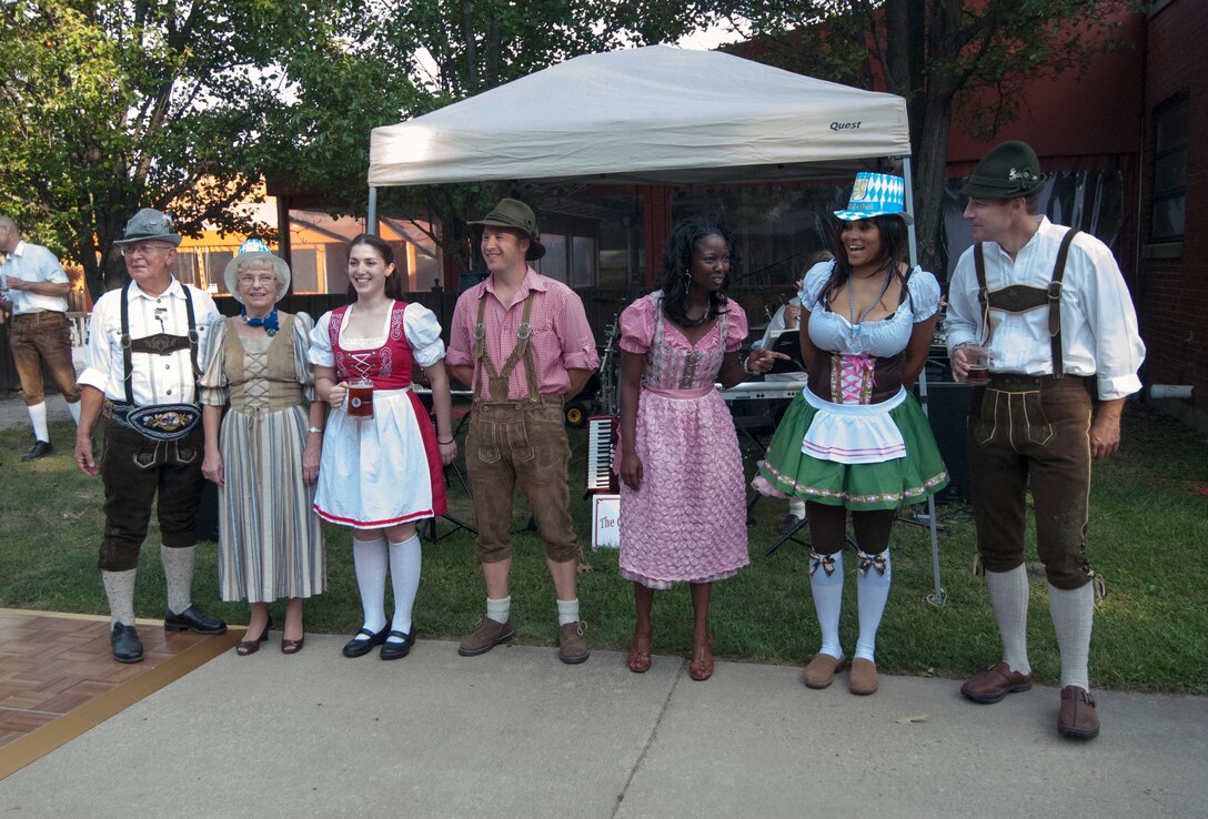 Several contestants line up to be judged for the best male and female costume during the Oktoberfest event at Joint Base Andrews, Md., Sept. 14, 2012. The event, sponsored by 11th Forces Support Squadron, brought German culture to JBA with an evening of Bavarian food, music and contests. (Courtesy photo/ Bobby Jones)