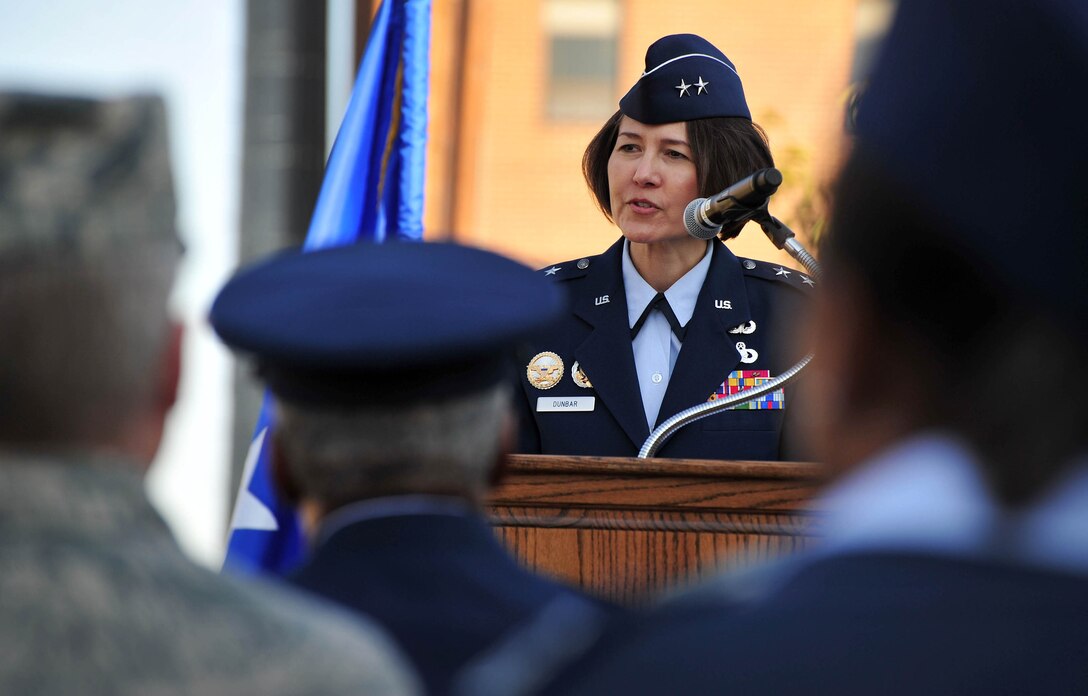 Air Force District of Washington Commander Maj. Gen. Sharon K. G. Dunbar speaks during a Prisoner of War Remembrance Ceremony Sept. 21 in Suitland, Md. Dunbar emphasized the importance of remembering those who still have families waiting for loved ones to come home decades after foreign conflicts. (U.S. Air Force photo by Senior Airman Steele C. G. Britton)