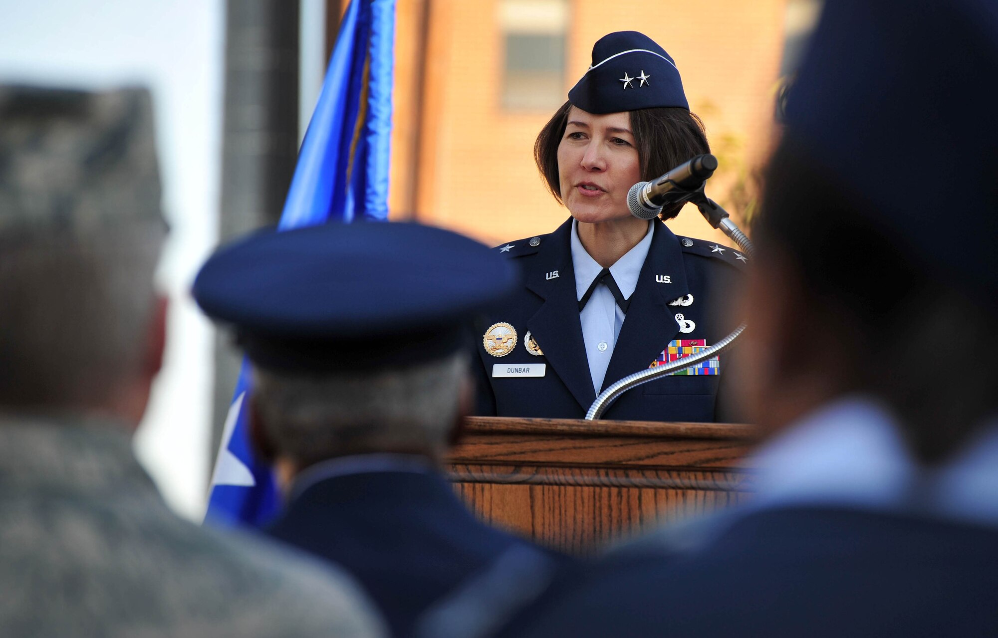 Air Force District of Washington Commander Maj. Gen. Sharon K. G. Dunbar speaks during a Prisoner of War Remembrance Ceremony Sept. 21 in Suitland, Md. Dunbar emphasized the importance of remembering those who still have families waiting for loved ones to come home decades after foreign conflicts. (U.S. Air Force photo by Senior Airman Steele C. G. Britton)