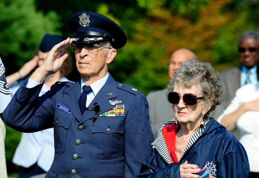 Former Prisoner of War, Maj. Harold Wanamaker, renders a salute in honor of respect during the Sept. 17, 2012 POW/MIA remembrance ceremony at Memorial Grove Park, Joint Base Lewis-McChord, Wash. Wanamaker was one of six former POW/MIAs in attendance and is a POW from World War II. (U.S. Air Force photo/Master Sgt. Todd Wivell) 

