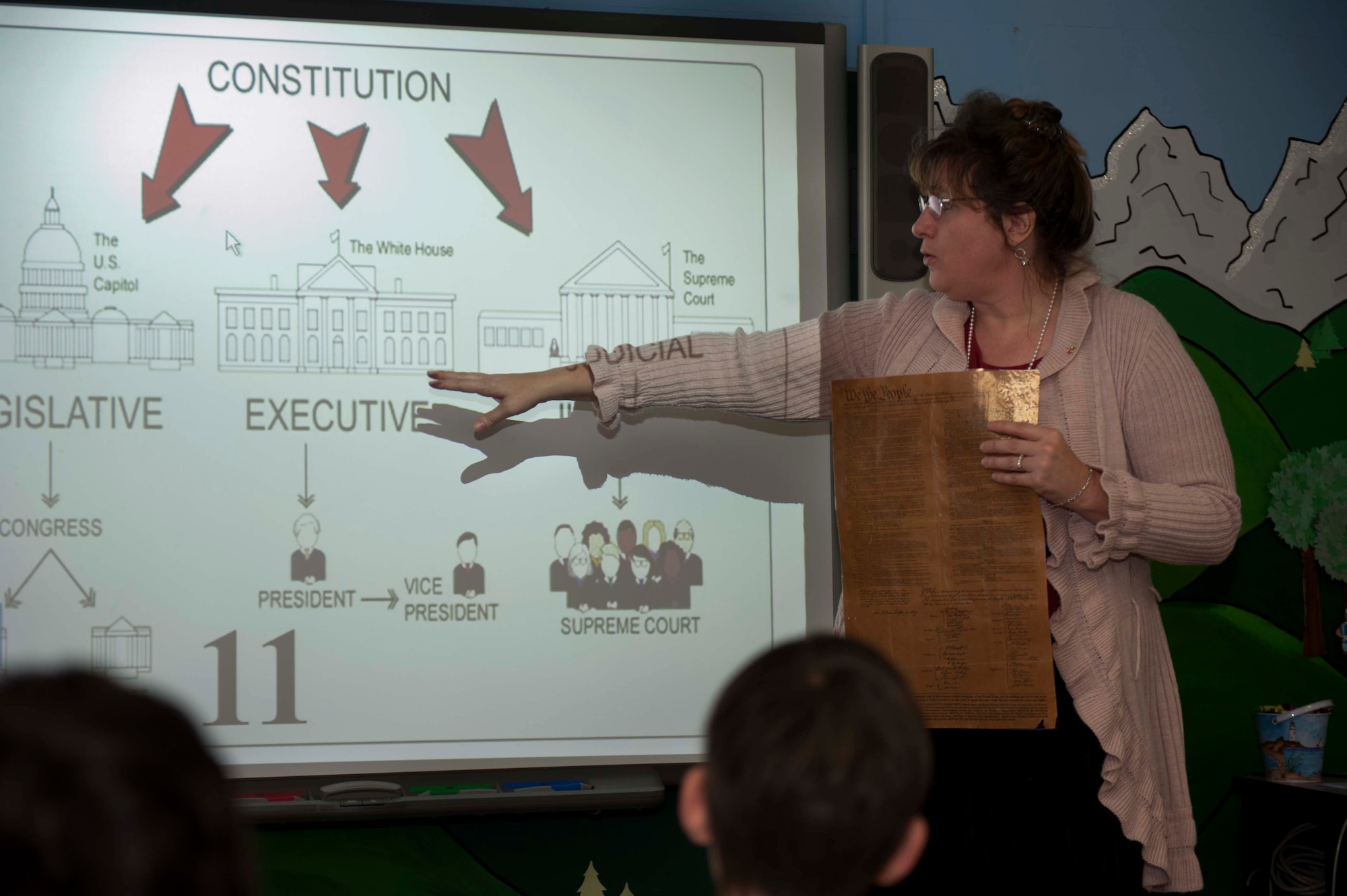 BITBURG ANNEX, Germany – Melissa Davis, Bitburg Elementary School librarian, explains the different branches of the government to a fourth grade class during Constitution Week here Sept. 20.  Constitution Week is a period of time the school takes each year to teach its students about the government, starting with the Constitution and leading to a mock election.  (U.S. Air Force photo by Airman 1st Class Gustavo Castillo/Released)