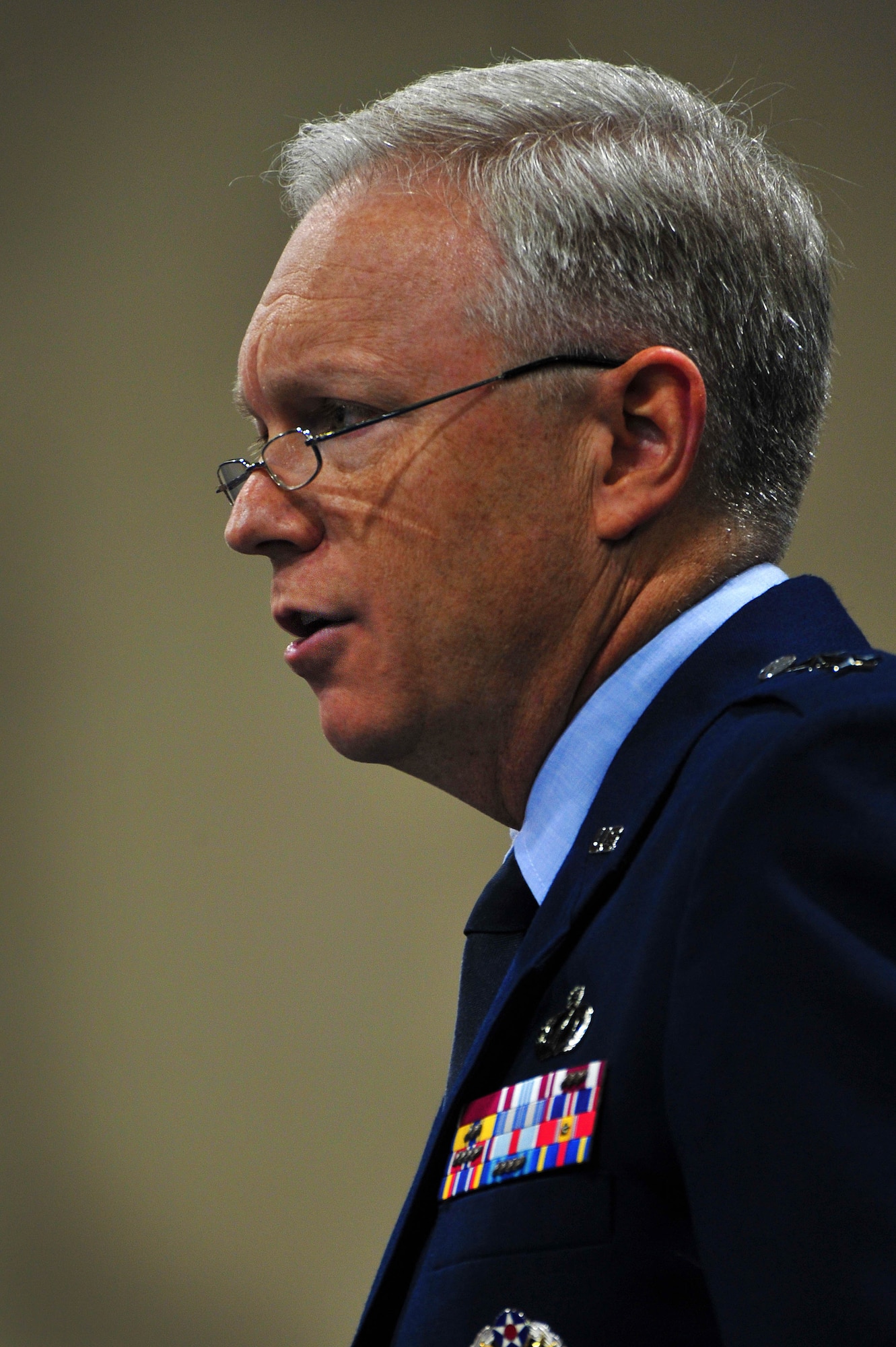 Maj. Gen. John F. Thompson, KC-46 Tanker Program director, answers questions regarding the KC-46 Tanker during a presentation at the 2012 Air Force Association Air and Space conference in Washington, D.C., Sept. 18, 2012. The aircraft configuration will advance from the commercial Boeing model 767-200ER aircraft to a Boeing model 767-2C Provisioned Freighter variant before final modification into a military certified KC-46 tanker. (U.S. Air Force photo by Senior Airman Steele C. G. Britton)