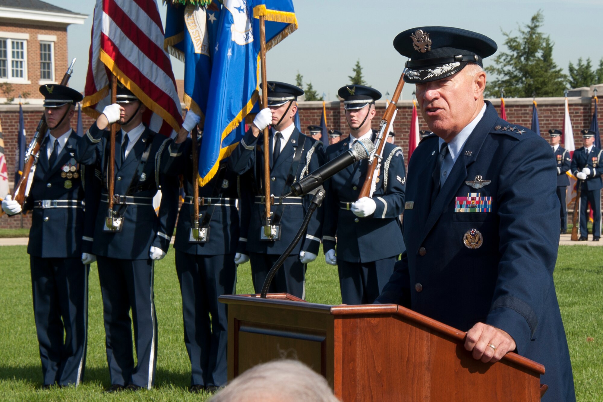 Lt. Gen. Harry M. Wyatt III, the director of the Air National Guard, addresses a crowd at Joint Base Anacostia-Bolling, D.C., during a retirement ceremony for Chief Master Sgt. Christopher E. Muncy, the command chief master sergeant to the director of ANG, on Sept. 20, 2012. Muncy retires after 35 years of military service. (National Guard photo by Master Sgt. Marvin R. Preston/RELEASED)